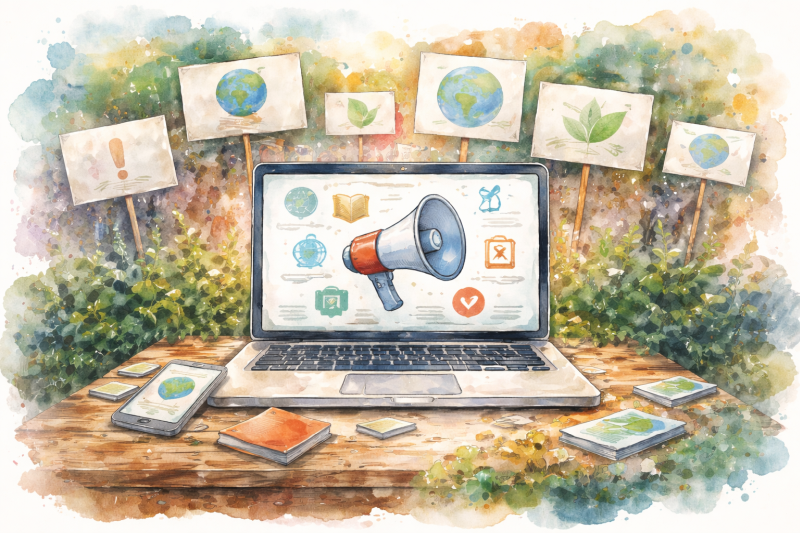 An AI generated watercolour image of a laptop on a table, the screen showing a megaphone and other icons that symbolize taking citizen action online