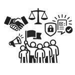 An AI generated icon depicting a crowd of people holding a flag, scales, a handshake and other images symbolizing our values