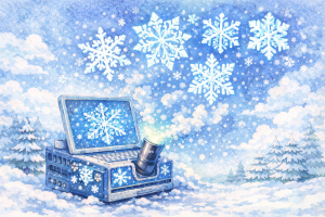 an AI generated image of a computer engine releasing 5 unique-looking snowflakes on a snowy forest background