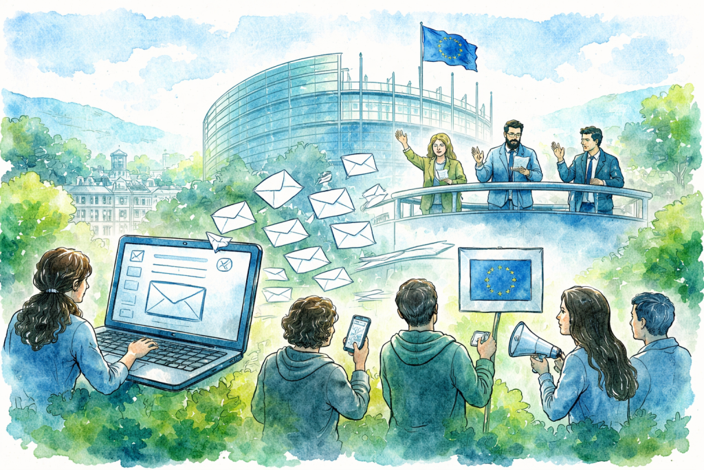An AI generated watercolour style image depicting citizens getting in touch with MEPs using email